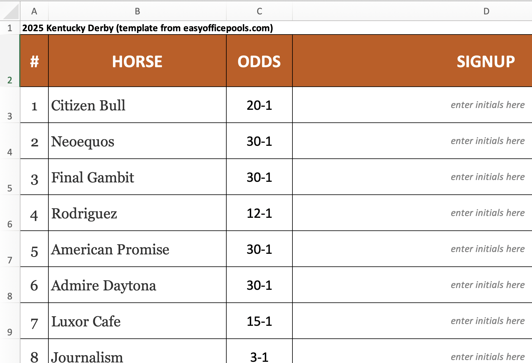 Kentucky Derby Office Pool Template Screenshot